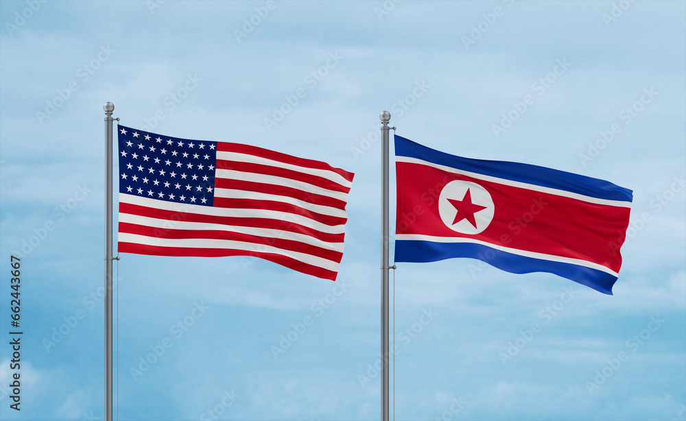 Obraz premium North Korea and USA flags, country relationship concept