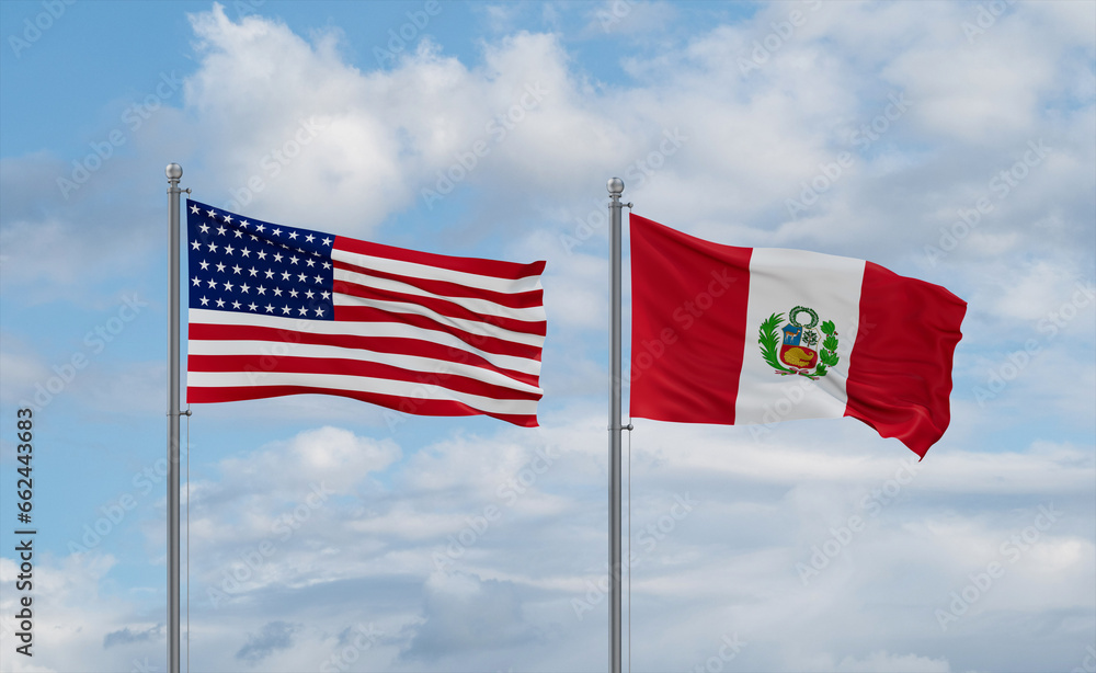 Peru and USA flags, country relationship concept