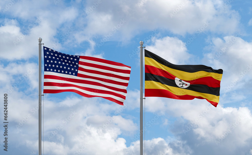 Uganda and USA flags, country relationship concept