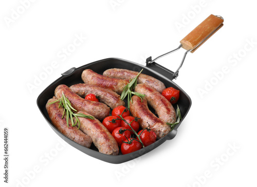 Grill pan with tasty homemade sausages, rosemary and tomatoes on white background