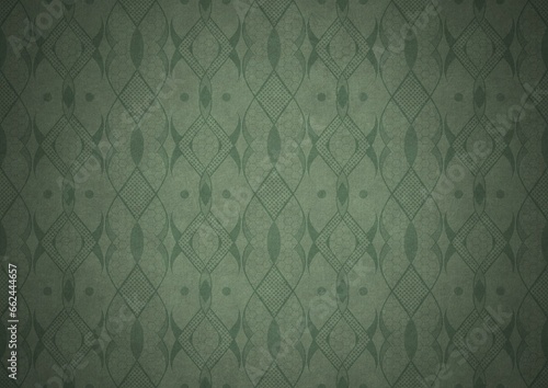 Hand-drawn unique abstract symmetrical seamless ornament. Dark semi transparent green on a light warm green with vignette of a darker background color. Paper texture. A4. (pattern: p12c)
