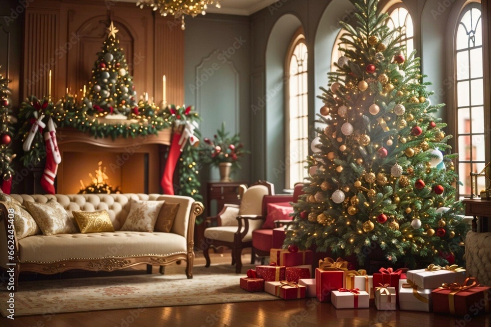 a Christmas tree with beautiful and wonderful decorations at home with New Year gifts .