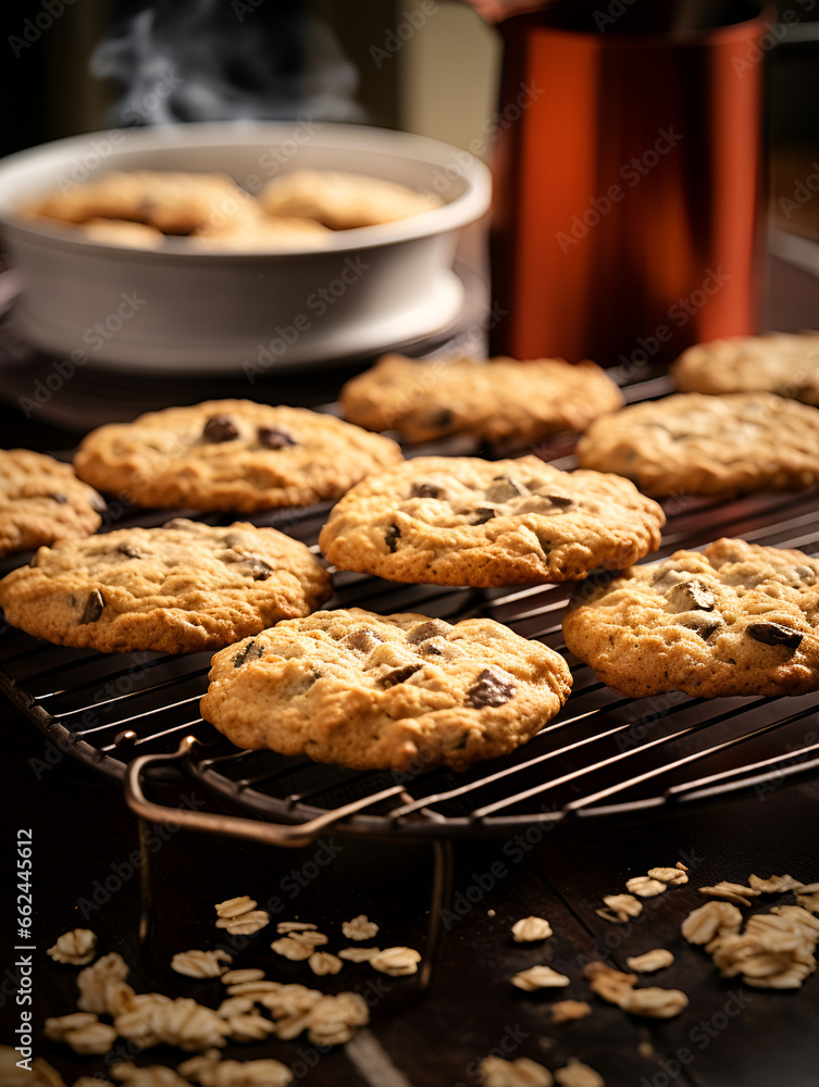 Close up of fresh baked oatmeal cookies on a baking rack, kitchen table with blurred background Close up of fresh baked oatmeal cookies on a baking rack, kitchen table with blurred background