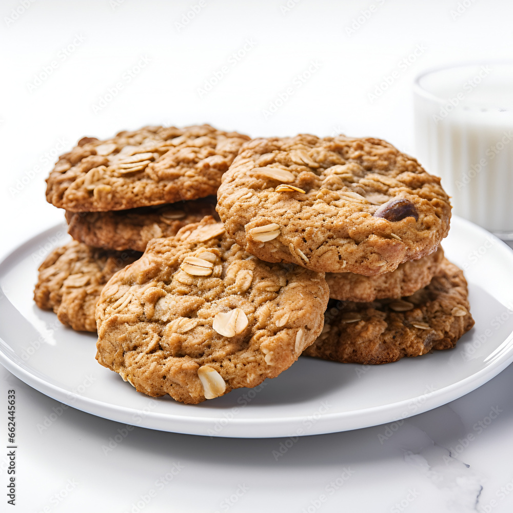 Close up of fresh baked oatmeal cookies on baking rack, white plate and white background Close up of fresh baked oatmeal cookies on baking rack, white plate and white background