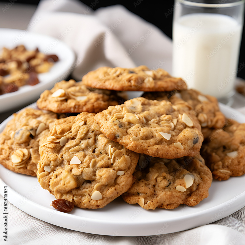 Homemade oatmeal cookies on white plate, milk and oats in background Homemade oatmeal cookies on white plate, milk and oats in background
