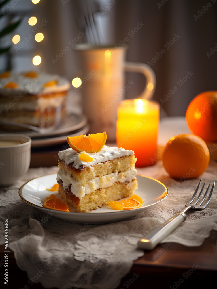 Delicious peace of orange cake on white plate, wooden table and blurred background with lights Delicious peace of orange cake on white plate, wooden table and blurred background with lights