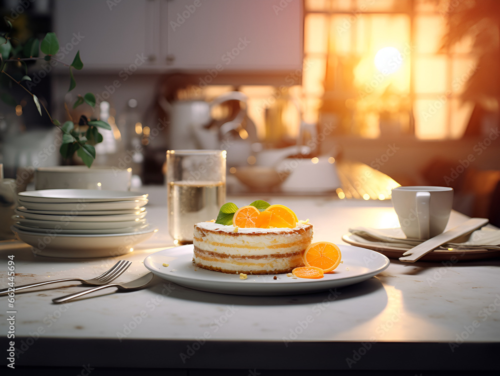 Close up of a homemade orange cake on white plate, kitchen table and blurred background 
