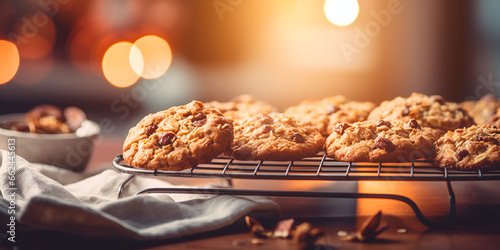 Close up of fresh baked oatmeal cookies on a baking rack, kitchen table with blurred background photo