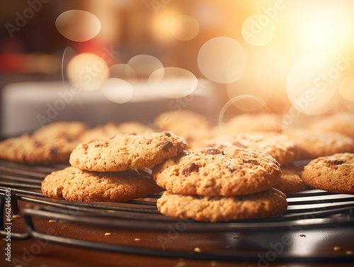 Close up of fresh baked oatmeal cookies on a baking rack, kitchen table with blurred background