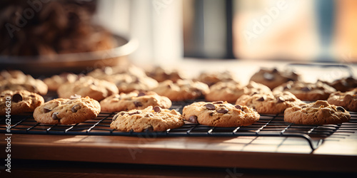 Close up of fresh baked oatmeal cookies on a baking rack, kitchen table with blurred background photo