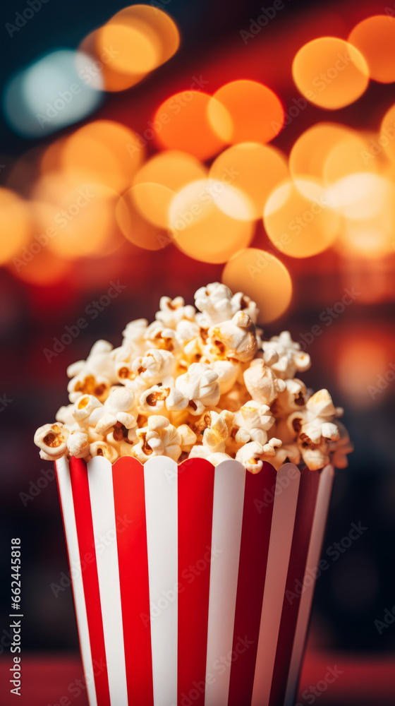 A red and white striped bucket of popcorn