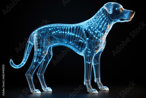 A dog that is standing in the dark  celestial outline.