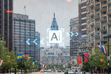 Day time cityscape of Philadelphia financial downtown, Pennsylvania, USA. City Hall neighborhood. Hologram Artificial Intelligence concept. AI and business, machine learning, neural network, robotics