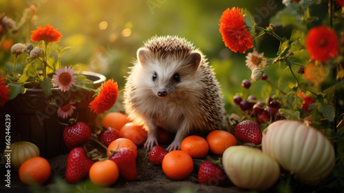 small prickly hedgehog in the forest  urchin  wildlife  animal  ripe red berries  harvest  fruit  cloudberry  raspberry