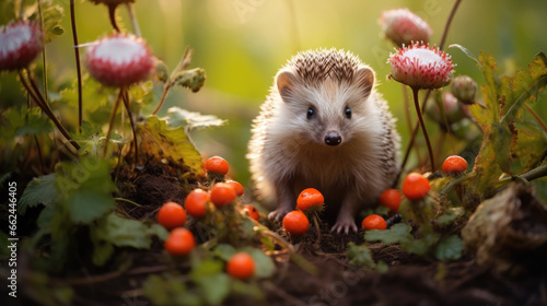 small prickly hedgehog in the forest, urchin, wildlife, animal, ripe red berries, harvest, fruit, cloudberry, raspberry