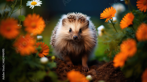 small prickly hedgehog in the forest, urchin, wildlife, animal, ripe red berries, harvest, fruit, cloudberry, raspberry