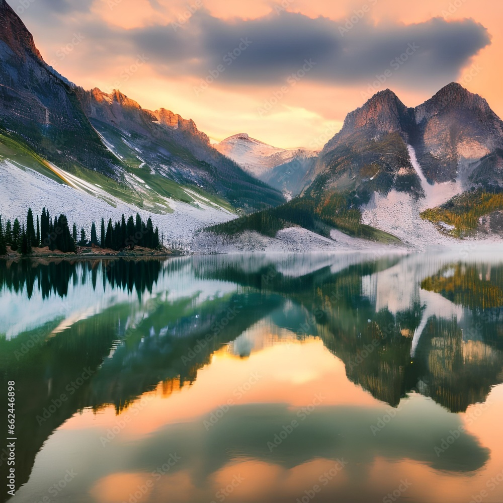 A tranquil mountain lake with a mirrored reflection of the surrounding peaks4, Generative AI