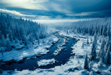 aerial view of a river in the middle of a snowy landscape, winter