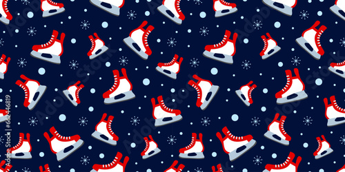 Winter sports repeated background. ice skates seamless pattern. vector illustration. Cute skate symbol on a blue background with snow and snowflakes. Wintery outdoors and activities template texture.