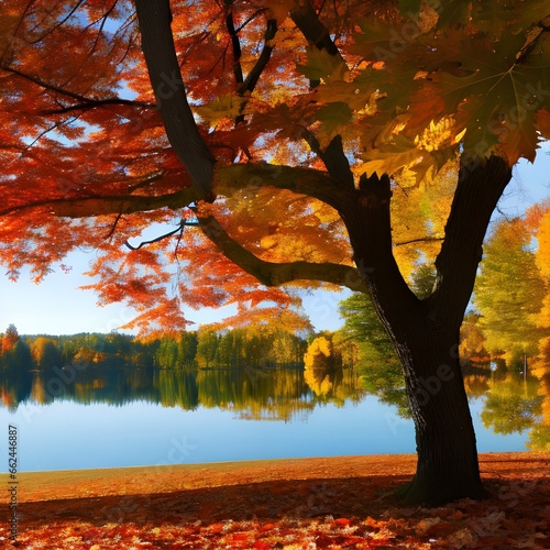 A serene autumn landscape with colorful leaves falling in a park1, Generative AI