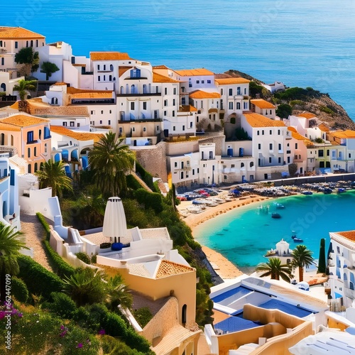 A serene Mediterranean coastal town with white-washed buildings and a blue sea1, Generative AI