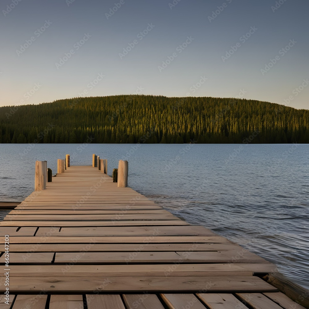 Fototapeta premium A tranquil lakeside scene with a wooden pier stretching over calm waters1, Generative AI