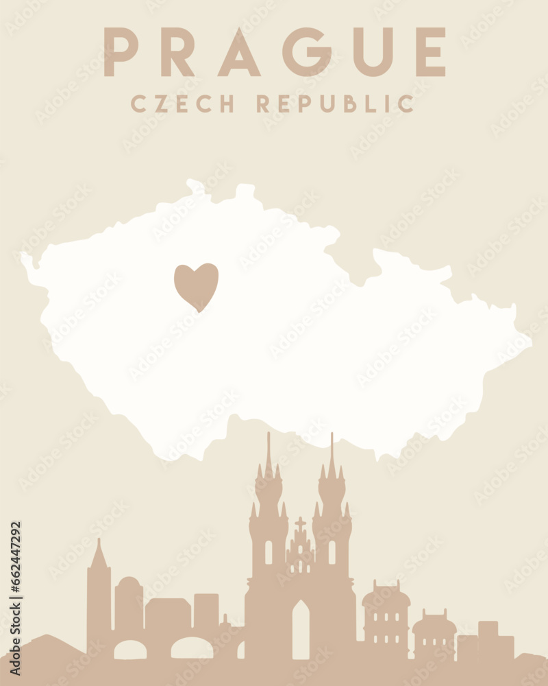 prague city skyline illustration with heart on beige background, czech republic illustration