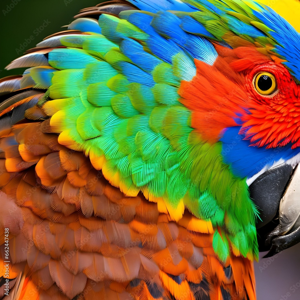 Fototapeta premium A close-up of a vibrant parrot with iridescent feathers1, Generative AI