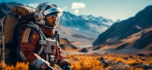 an astronaut with his spacesuit is walking on a newly discovered planet