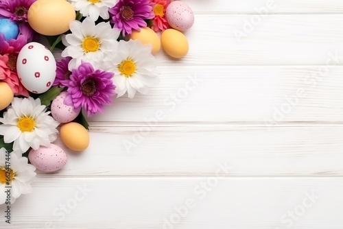 Celebrate Easter with this heartwarming flat lay, featuring vibrant eggs, delicate flowers, and a charming bunny doll, thoughtfully arranged on a rustic white wooden tabletop