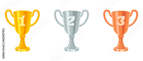 Set of cups for winners and prize-winners. Gold, silver and bronze trophies. Awards for first, second and third place in competitions