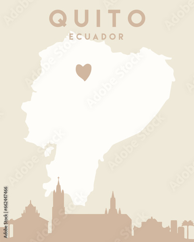 Topographical map featuring the city of Quito, Ecuador with a heart shape drawn in the center