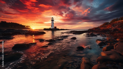 Coastal tour: Lighthouse of Protection at sunset. A coastal tower provides safety and protection at sunset.