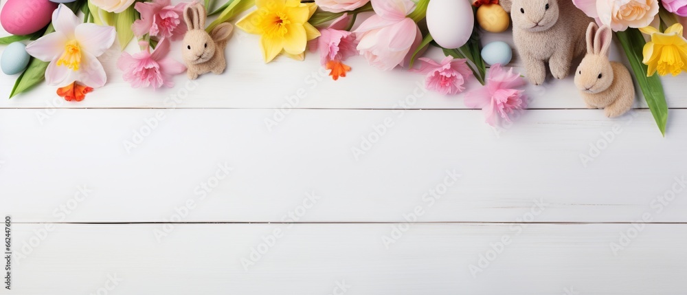 Celebrate Easter with this heartwarming flat lay, featuring vibrant eggs, delicate flowers, and a charming bunny doll, thoughtfully arranged on a rustic white wooden tabletop Celebrate Easter with this heartwarming flat lay, featuring vibrant eggs, delicate flowers, and a charming bunny doll, thoughtfully arranged on a rustic white wooden tabletop