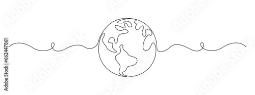 One continuous line drawing of Earth globe. World map in simple linear style. Travel and flight concept in editable stroke. Doodle vector illustration