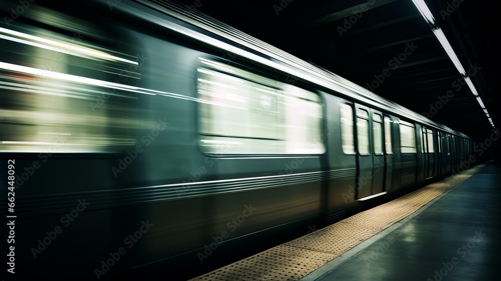 A subway train speeding past a platform at night
