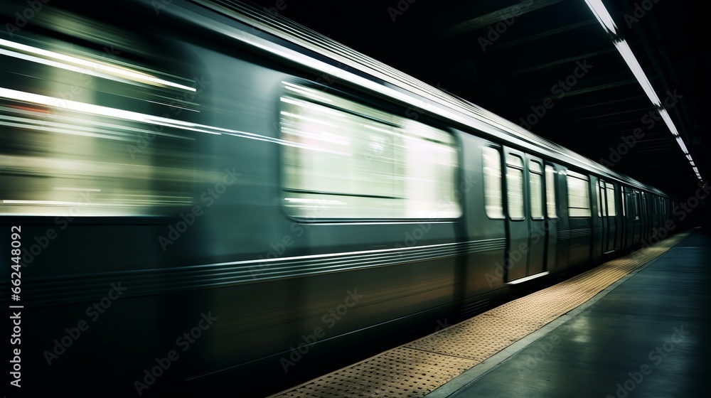 A subway train speeding past a platform at night A subway train speeding past a platform at night