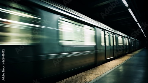 A subway train speeding past a platform at night