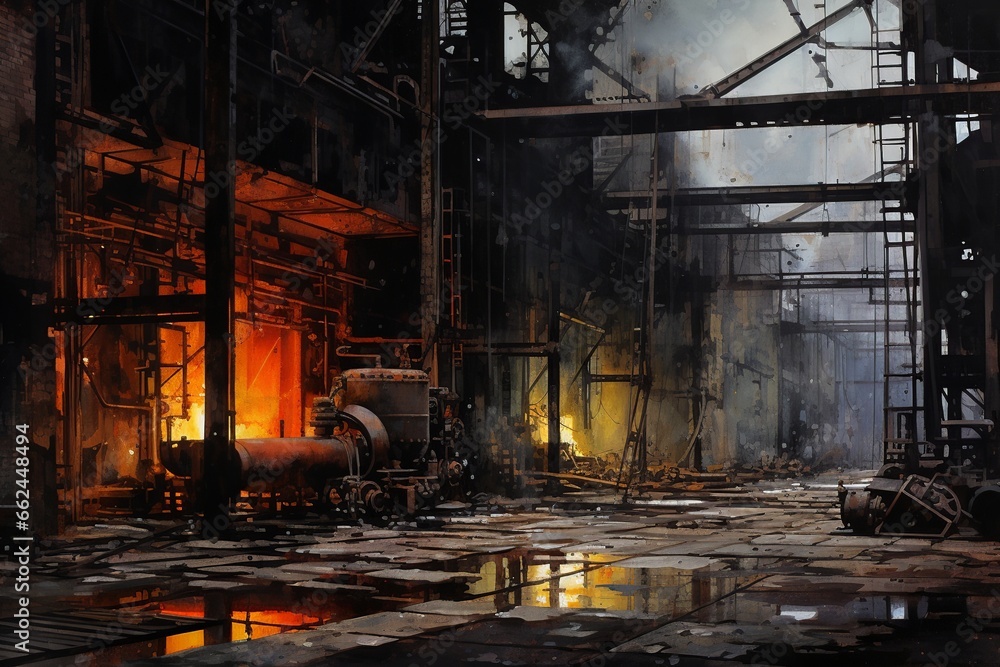 A derelict, once-bustling industrial complex, now skeletal structures, shrouded in the deep, emotive blues of night A derelict, once-bustling industrial complex, now skeletal structures, shrouded in the deep, emotive blues of night