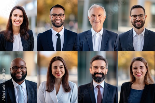 A professional collage of confident and diverse adults, both men and women, showcasing success and teamwork in a corporate setting.