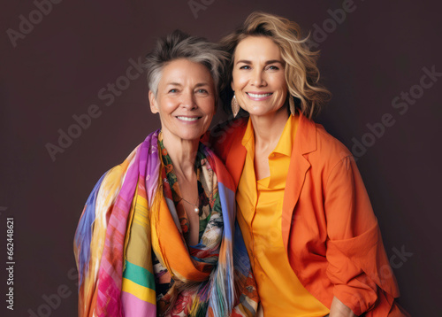 Portrait of a Senior lesbian elegant couple in colorful modern clothes, smiling and in love