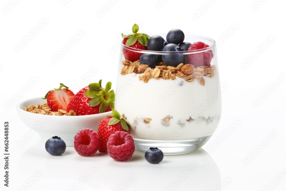 A glass of yogurt with berries and granola A glass of yogurt with berries and granola