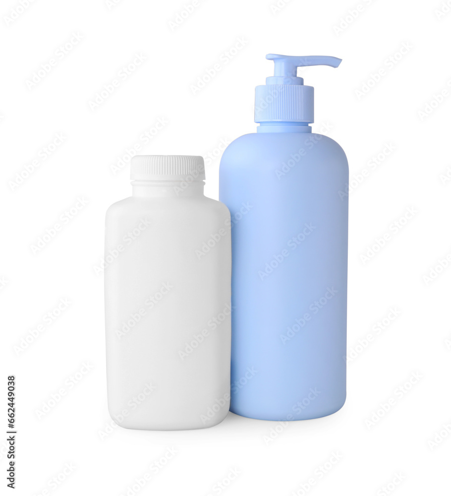 Blank bottles with baby cosmetic products isolated on white Blank bottles with baby cosmetic products isolated on white