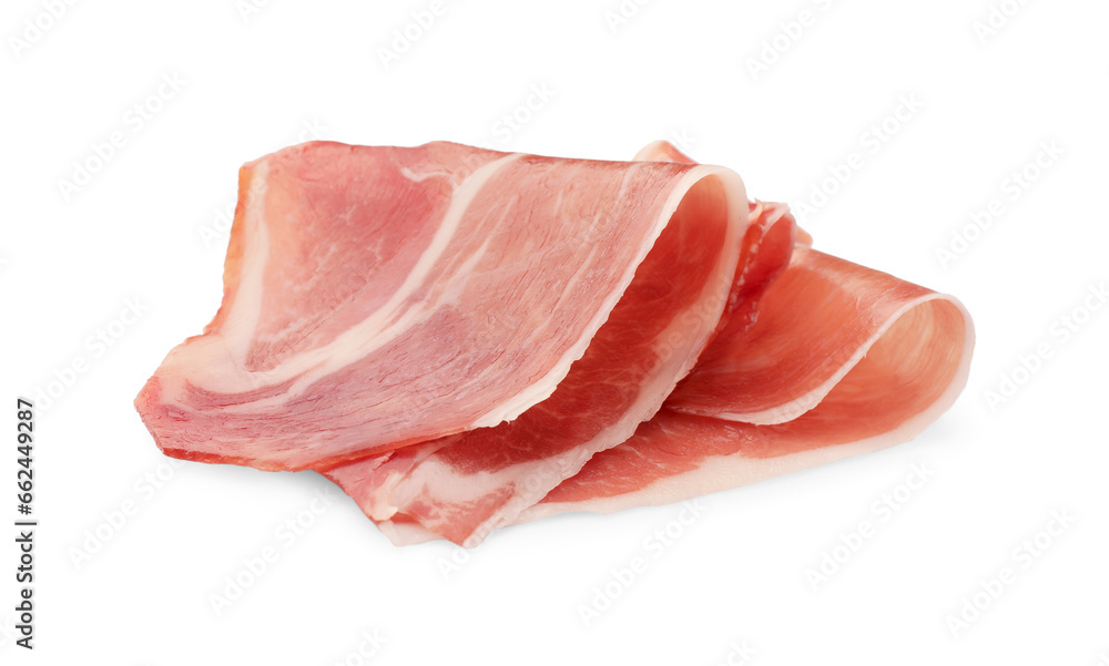Slices of delicious jamon isolated on white Slices of delicious jamon isolated on white