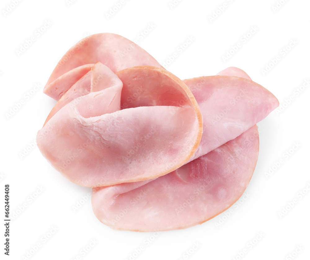 Slices of tasty ham isolated on white Slices of tasty ham isolated on white