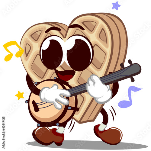 vector mascot character of heart shaped waffle cake playing banjo musical instrument. Isolated vector flat cartoon character illustration design