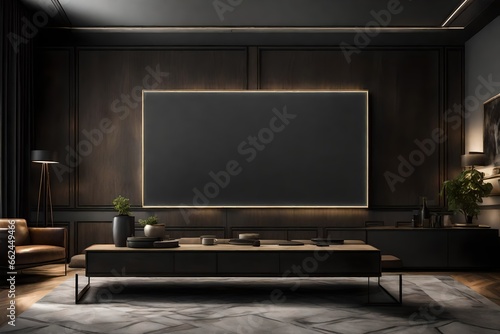 A Canvas Frame for a mockup suspended by thin, nearly invisible wires in a modern TV room, creating a floating effect
