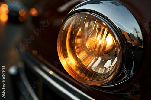 Close-up of the headlight of a vintage car in the city © Alex