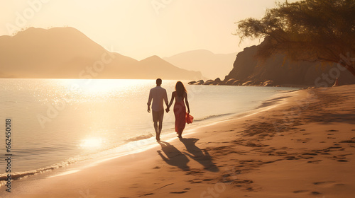 paseo romántico de una pareja por la playa photo