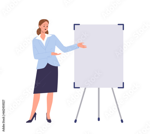 Business woman trainer cartoon character present marketing information on seminar using whiteboard